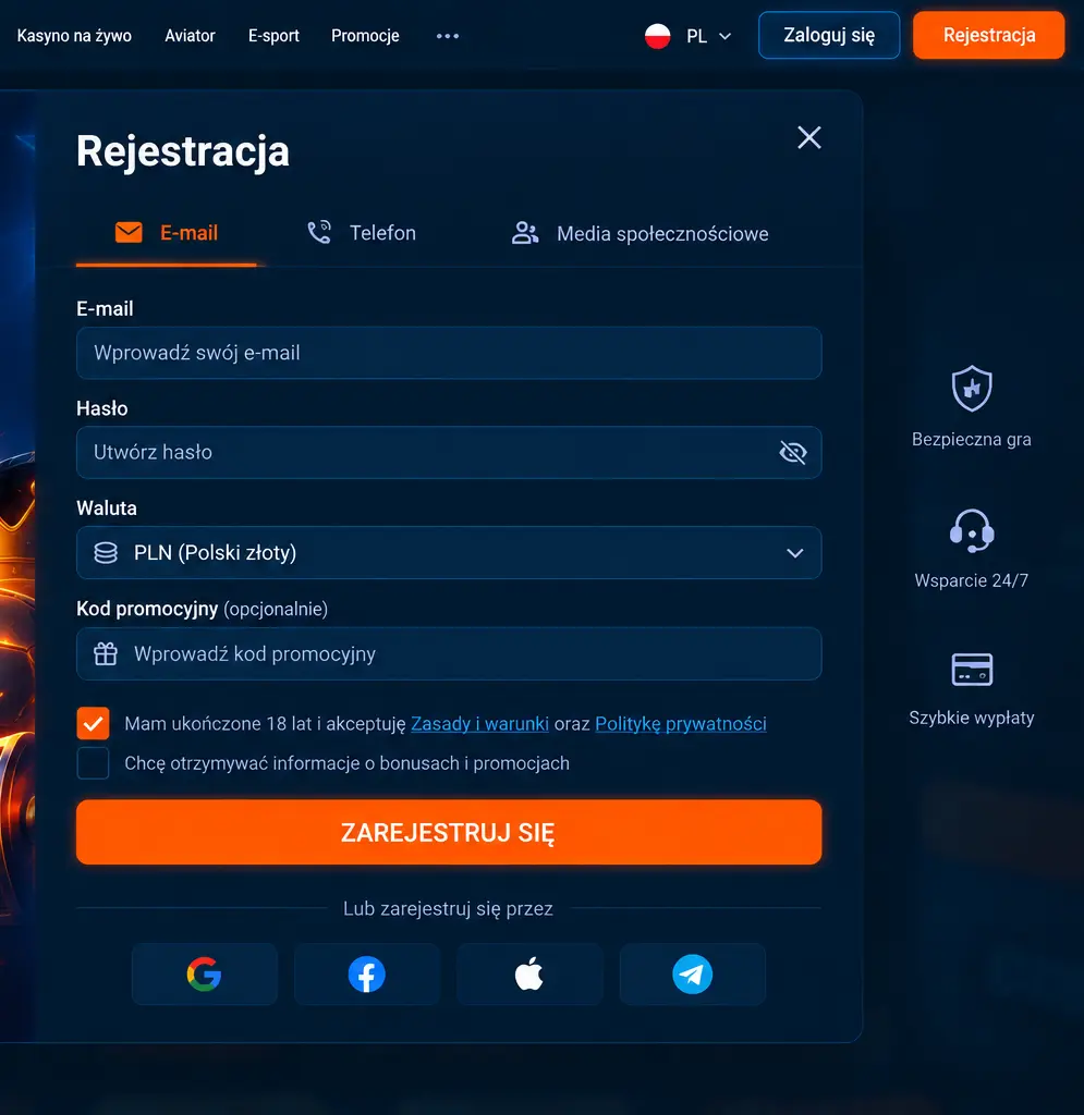 Formularz rejestracji Mostbet – wybór waluty