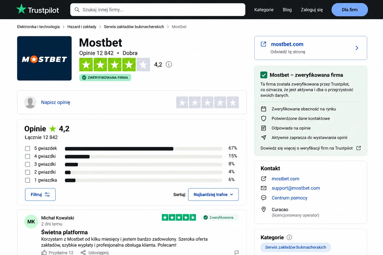 Opinie o Mostbet na Trustpilot